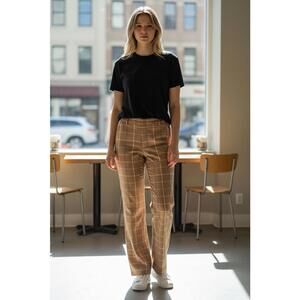 Urban Outfitters Women's Brown Plaid Dress Pants Straight High Rise Pockets 4